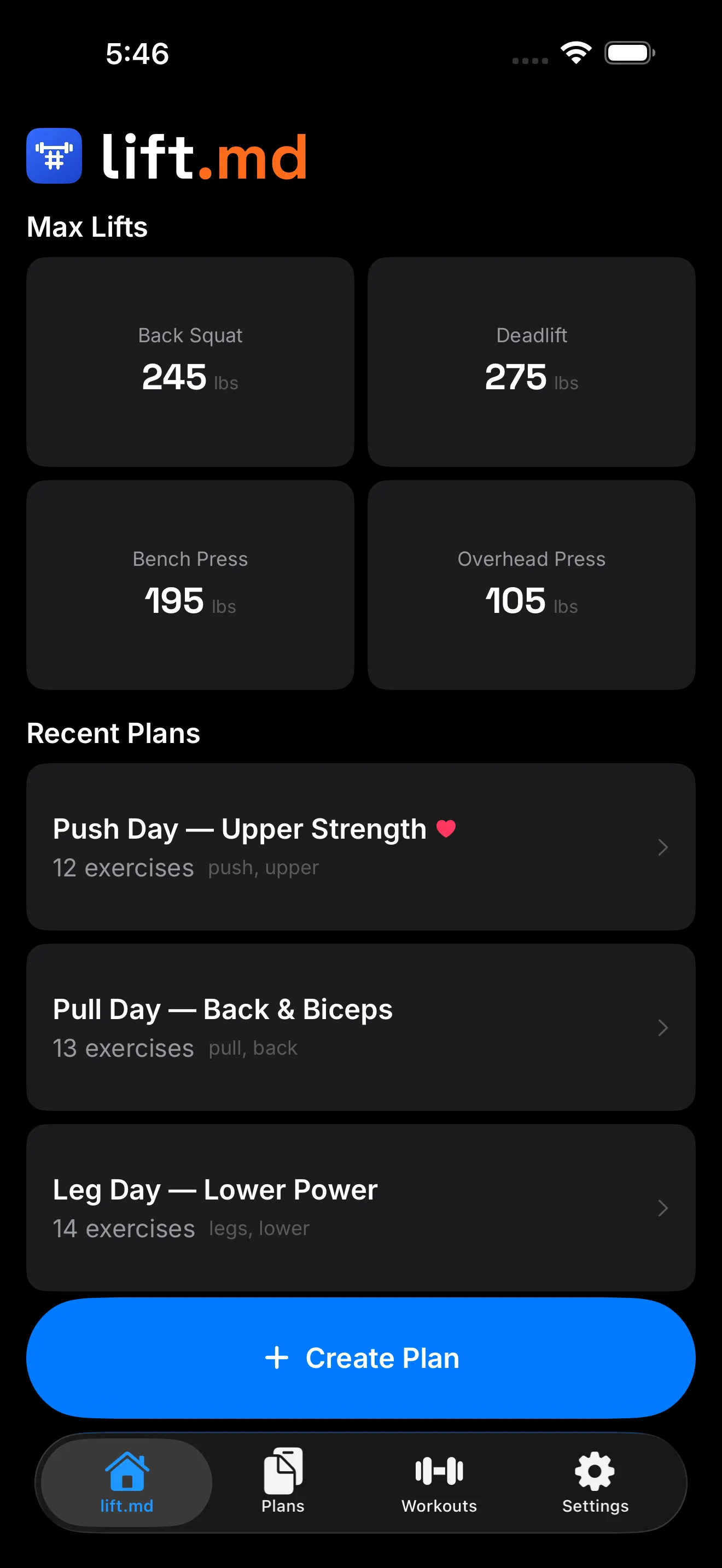 lift.md home screen with workout list